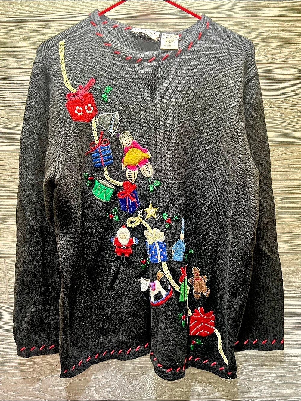 Vintage 1990s Christmas Sweater XL Basic Editions Black Embroidered20